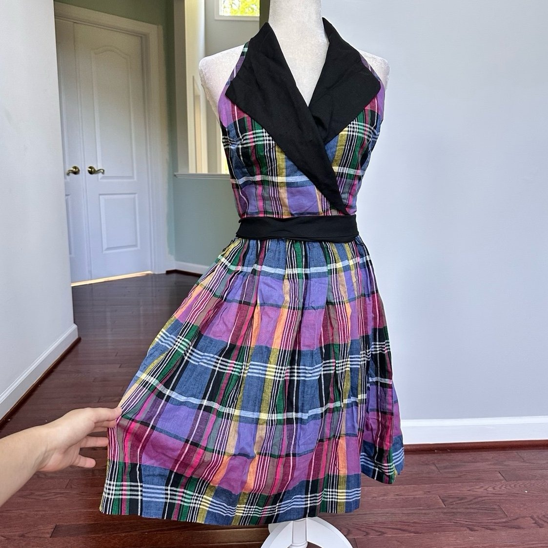Rare 49/100 Made Virgo Ii Purple Black Plaid Coquette Halter Dress W Belt